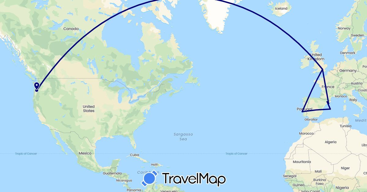 TravelMap itinerary: driving in Spain, United Kingdom, Portugal, United States (Europe, North America)